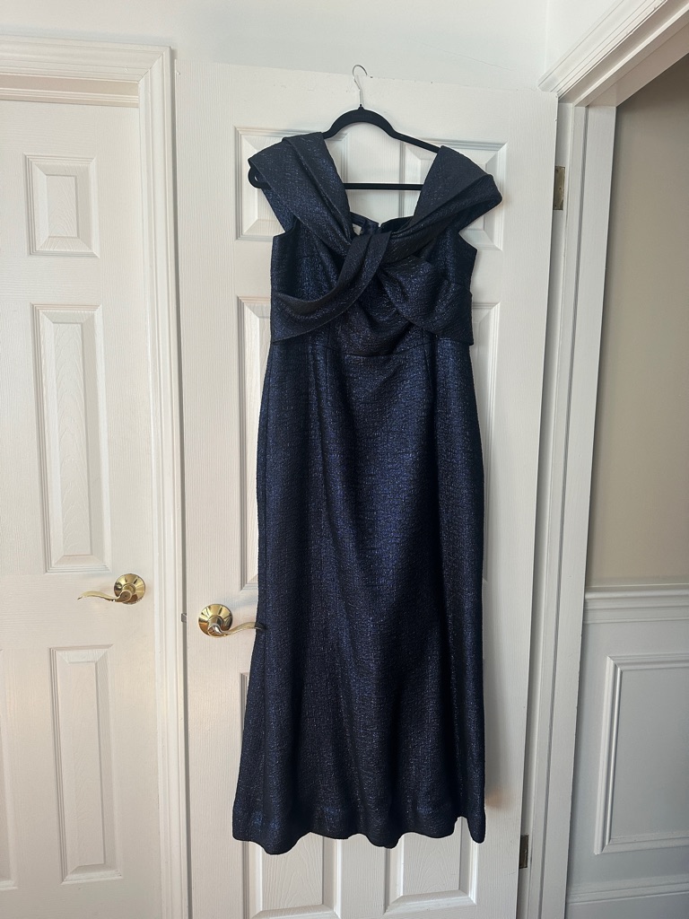 Teri Jon Navy Sparkle Maxi Dress With Draped Bow Detail